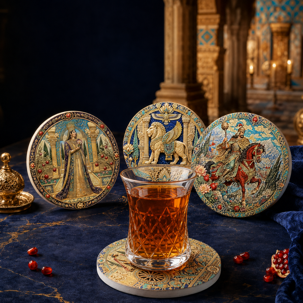 Ancient Persia & Shahnameh Raised Ceramic Coasters – Set of 4