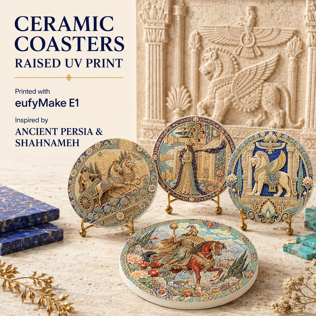 Ancient Persia & Shahnameh Raised Ceramic Coasters – Set of 4