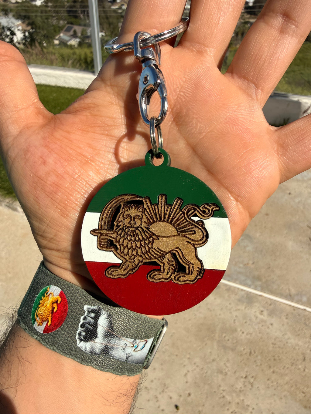 Persian Lion & Sun Wooden Acrylic Keychain – Iran Flag Keyring