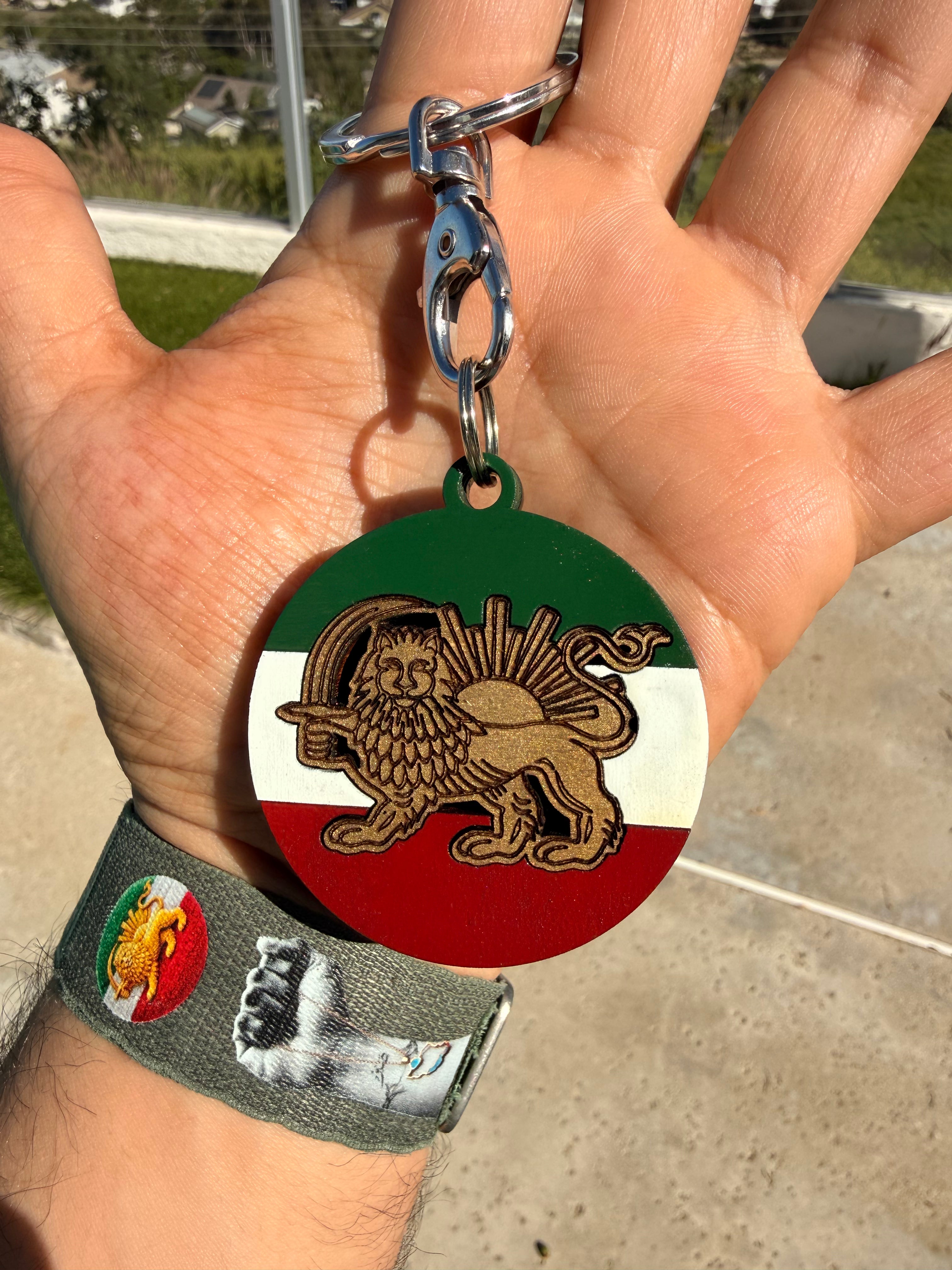 Persian Lion & Sun Wooden Acrylic Keychain – Iran Flag Keyring