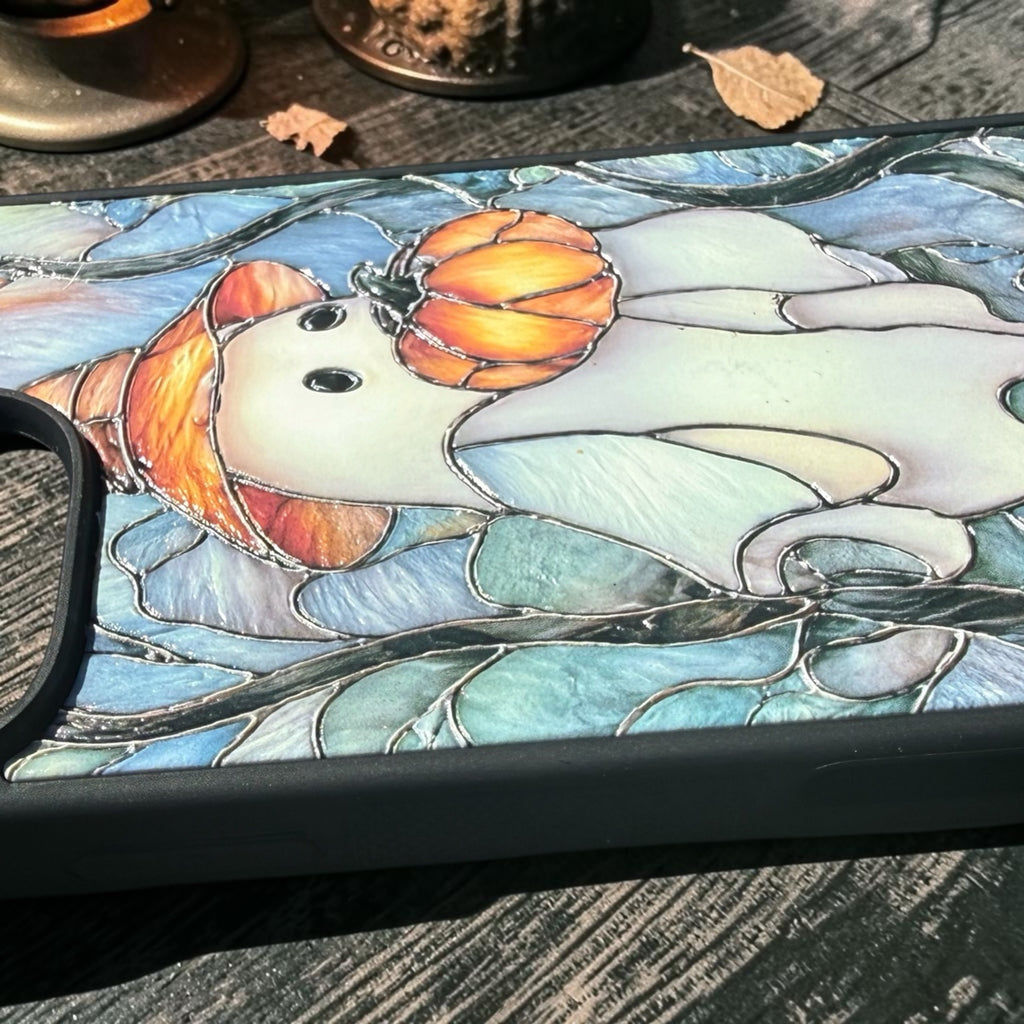 Close-up detail of raised UV texture on ghost pumpkin iPhone case