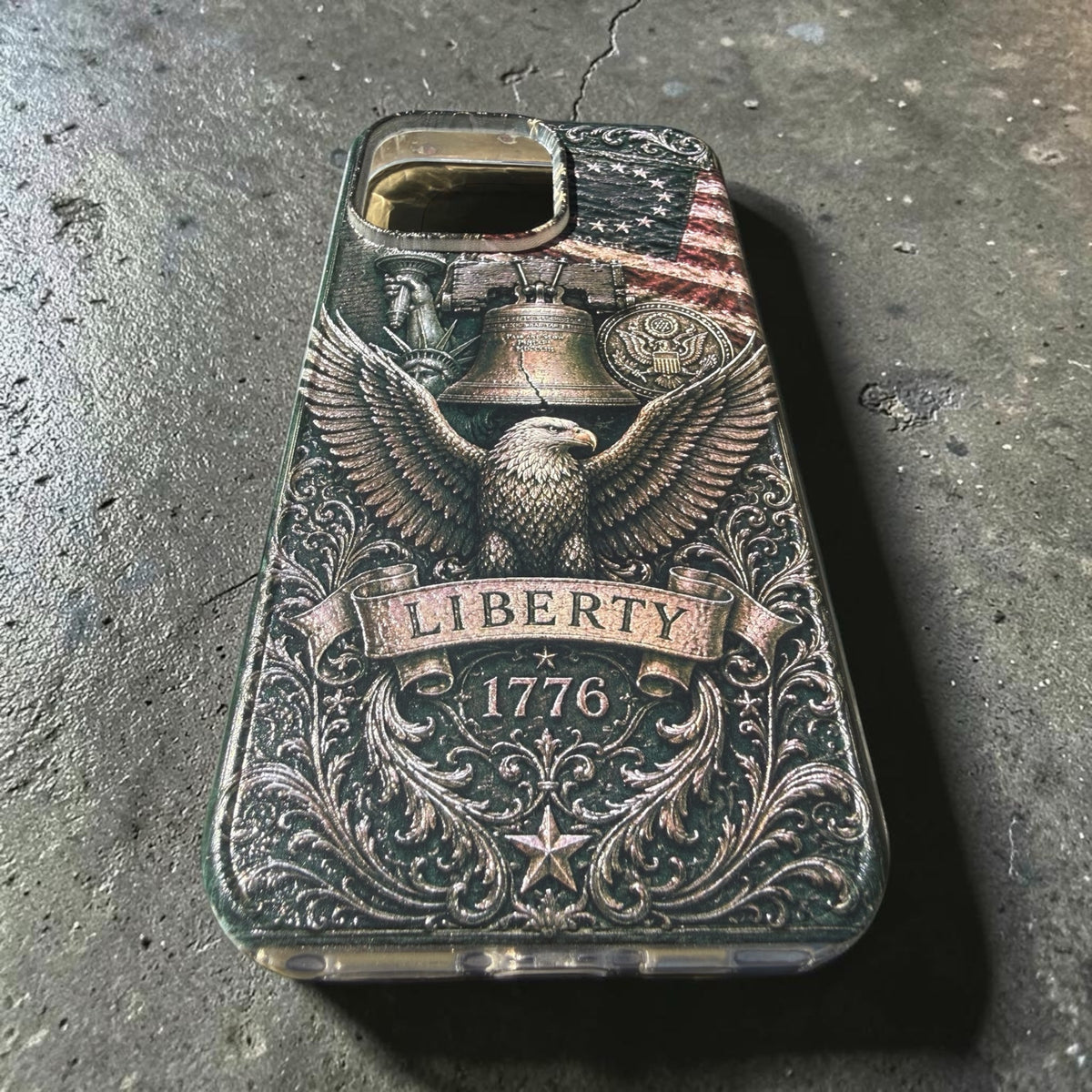 Liberty 1776 American eagle iPhone case shown at an angle