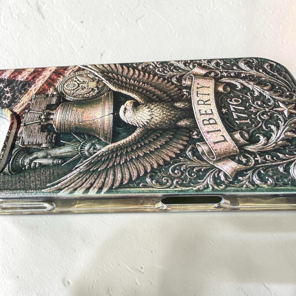 Close-up of raised UV texture on Liberty 1776 American eagle iPhone case