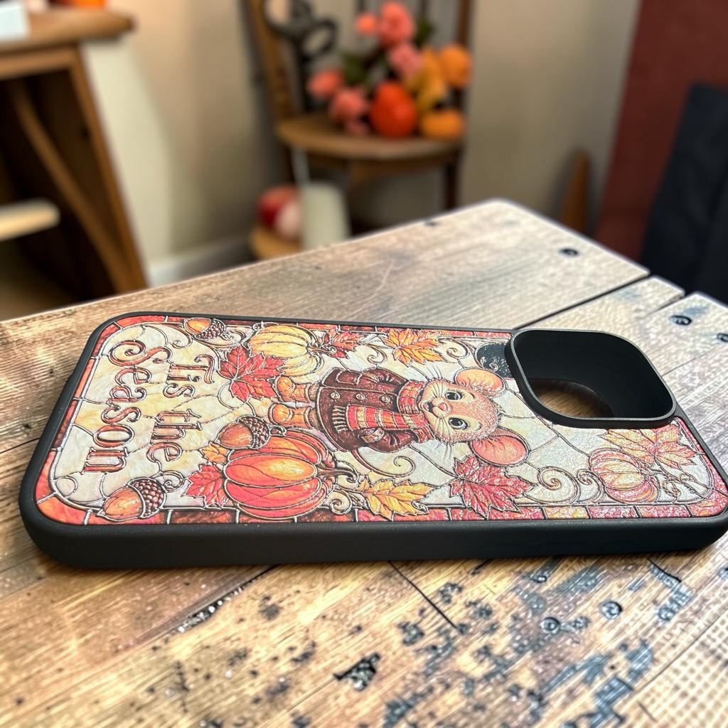 Raised UV printed fall iPhone case shown at an angle
